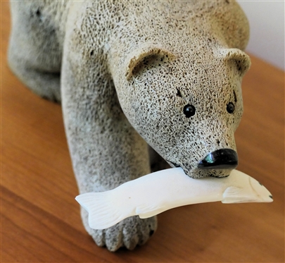 Alaskan Whale Bone Inuit Carved Bear with Ivory / Bone Fish - Bear''s Body Carved From Whale Bone - Signed DJSr. On Foot - Bear Measures 7 Long 4 Tall 
