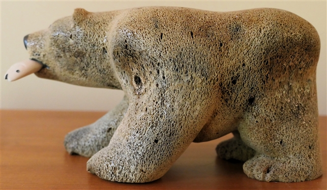 Alaskan Whale Bone Inuit Carved Bear with Ivory / Bone Fish - Bear''s Body Carved From Whale Bone - Signed DJSr. On Foot - Bear Measures 7 Long 4 Tall 