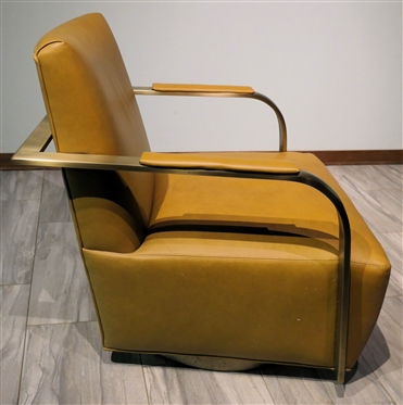 Thayer Coggins Zac Swivel Chair - Tan Leather Upholstery with Bronze Frame - Hand Crafted by Thayer Coggin Inc. High Point, NC - Chair Measures 33 Tall 30 by 34