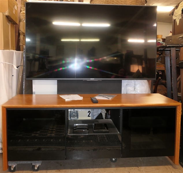 Sony Bravia 85" LCD Digital Color TV Attached with Nice TV Stand with AV Compartments - Vented Cabinets & Drawer - TV Has Remote - Cabinet Measures 24" Tall 66" by 22" 