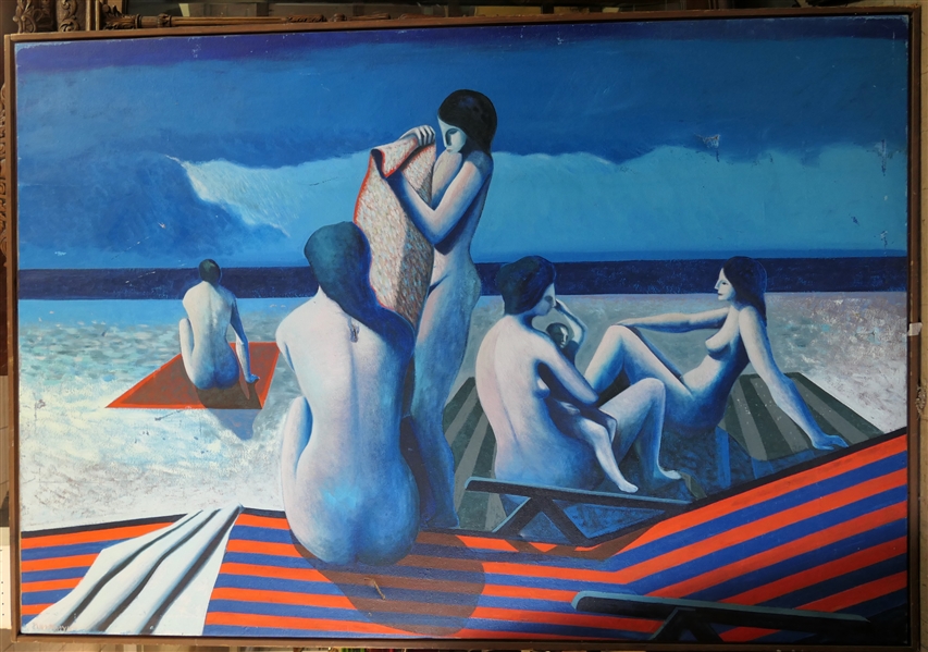 Large Artist Signed Mid Century  Oil on Canvas Painting - Nude Beach Scene with Red and Blue Striped Beach Chairs - Wood Wrapped Frame - Signed in Lower Left Corner - Several Small Damaged Areas  -...