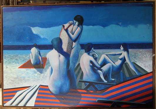 Large Artist Signed Mid Century  Oil on Canvas Painting - Nude Beach Scene with Red and Blue Striped Beach Chairs - Wood Wrapped Frame - Signed in Lower Left Corner - Several Small Damaged Areas  -...
