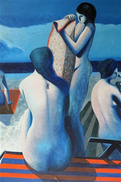 Large Artist Signed Mid Century  Oil on Canvas Painting - Nude Beach Scene with Red and Blue Striped Beach Chairs - Wood Wrapped Frame - Signed in Lower Left Corner - Several Small Damaged Areas  -...