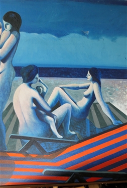 Large Artist Signed Mid Century  Oil on Canvas Painting - Nude Beach Scene with Red and Blue Striped Beach Chairs - Wood Wrapped Frame - Signed in Lower Left Corner - Several Small Damaged Areas  -...