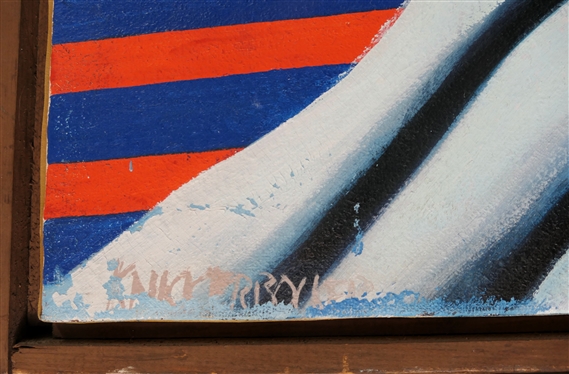 Large Artist Signed Mid Century  Oil on Canvas Painting - Nude Beach Scene with Red and Blue Striped Beach Chairs - Wood Wrapped Frame - Signed in Lower Left Corner - Several Small Damaged Areas  -...