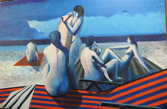 Large Artist Signed Mid Century  Oil on Canvas Painting - Nude Beach Scene with Red and Blue Striped Beach Chairs - Wood Wrapped Frame - Signed in Lower Left Corner - Several Small Damaged Areas  -...