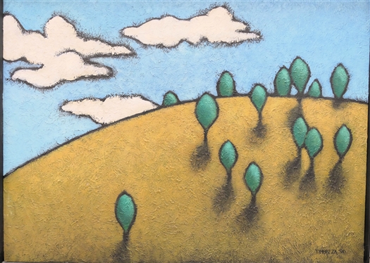 Timbreza Oil on Canvas Painting of Happy Trees - Signed and Dated - 1996 Gallery Framed - Measures 28 by 36 1/2 