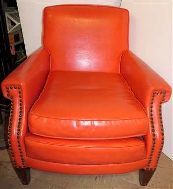 Orange Naugahyde Club Chair with Nail Head Trim - Missing Few Nails - Chair Measures 31 Tall 30 Wide