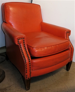 Orange Naugahyde Club Chair with Nail Head Trim - Missing Few Nails - Chair Measures 31 Tall 30 Wide