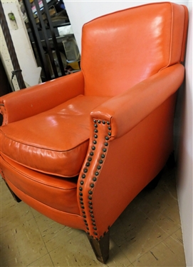 Orange Naugahyde Club Chair with Nail Head Trim - Missing Few Nails - Chair Measures 31 Tall 30 Wide
