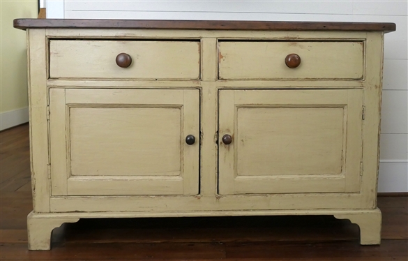 19th Century Country Primitive Buffet / Server - Scrub Top - Mustard Yellow Painted - Raised Panel Doors - Dovetailed Drawers - Cabinet with Fixed Shelf - Server Measures 36" Tall 59" by 24" 