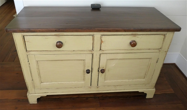 19th Century Country Primitive Buffet / Server - Scrub Top - Mustard Yellow Painted - Raised Panel Doors - Dovetailed Drawers - Cabinet with Fixed Shelf - Server Measures 36 Tall 59 by 24 