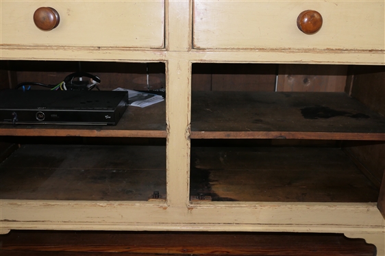 19th Century Country Primitive Buffet / Server - Scrub Top - Mustard Yellow Painted - Raised Panel Doors - Dovetailed Drawers - Cabinet with Fixed Shelf - Server Measures 36 Tall 59 by 24 