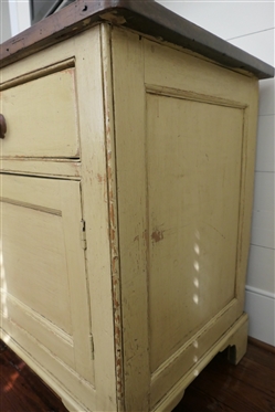 19th Century Country Primitive Buffet / Server - Scrub Top - Mustard Yellow Painted - Raised Panel Doors - Dovetailed Drawers - Cabinet with Fixed Shelf - Server Measures 36 Tall 59 by 24 