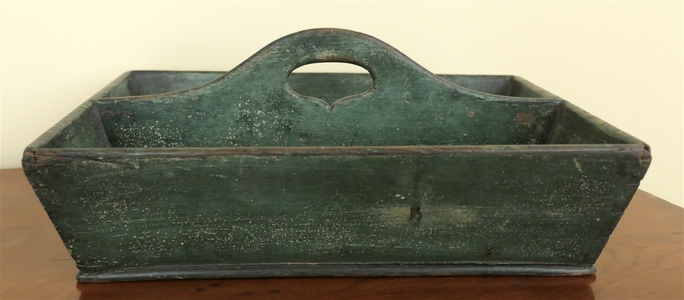 Green Painted Knife Box / Cutlery Tray - Dovetailed Construction - Box Measures 3 1/2" Tall 13 1/2" by 10 1/2"