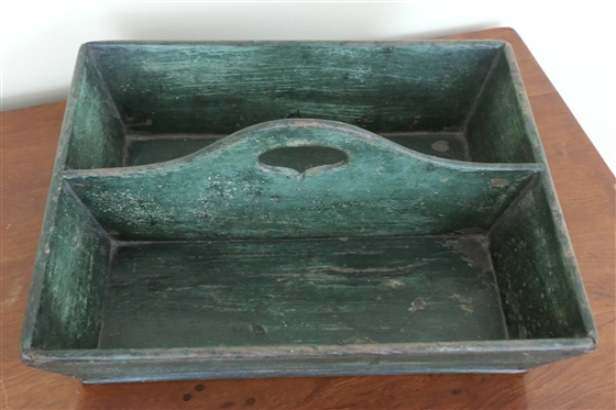 Green Painted Knife Box / Cutlery Tray - Dovetailed Construction - Box Measures 3 1/2 Tall 13 1/2 by 10 1/2