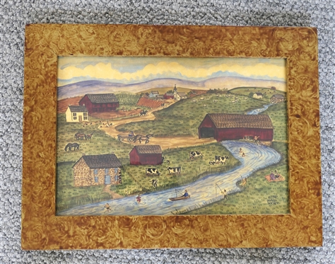 "Creekside Summer Day" Folk Art Watercolor Painting by Bobbi Becker - Artist Signed and Dated 1986 - Hand Painted Faux Burl Frame - Frame Measures 12 1/4" by 16 1/4"
