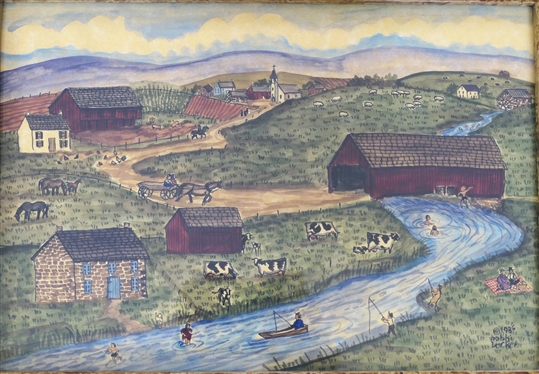 Creekside Summer Day Folk Art Watercolor Painting by Bobbi Becker - Artist Signed and Dated 1986 - Hand Painted Faux Burl Frame - Frame Measures 12 1/4 by 16 1/4