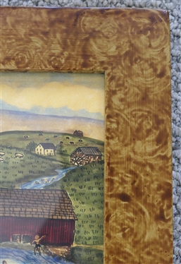Creekside Summer Day Folk Art Watercolor Painting by Bobbi Becker - Artist Signed and Dated 1986 - Hand Painted Faux Burl Frame - Frame Measures 12 1/4 by 16 1/4
