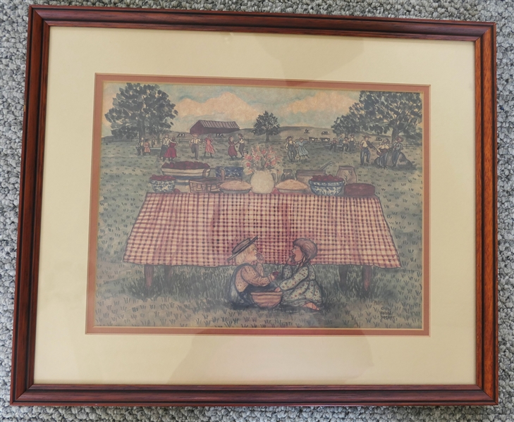 Bobbi Becker Folk Art Style Picnic Print - Dated 1985 - Framed and Double  Matted - Frame Measures 14" by 17" 