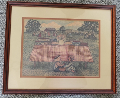 Bobbi Becker Folk Art Style Picnic Print - Dated 1985 - Framed and Double  Matted - Frame Measures 14" by 17" 