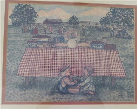 Bobbi Becker Folk Art Style Picnic Print - Dated 1985 - Framed and Double  Matted - Frame Measures 14 by 17 