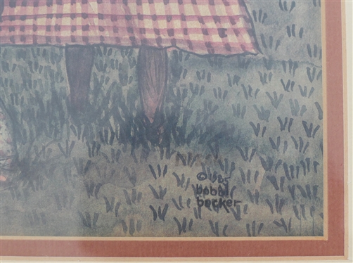 Bobbi Becker Folk Art Style Picnic Print - Dated 1985 - Framed and Double  Matted - Frame Measures 14 by 17 