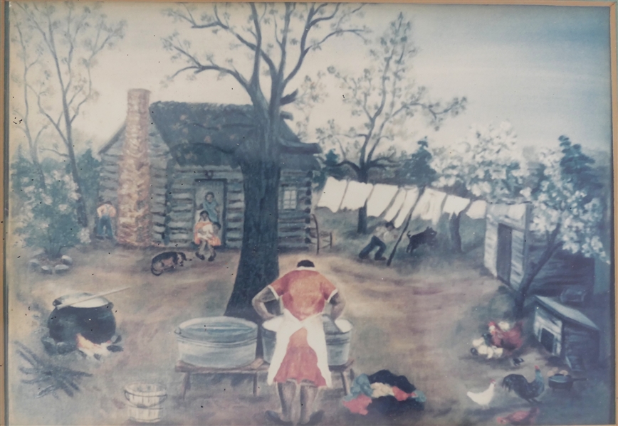 Black Americana Print  Mammy Doing Laundry - Framed and Double Matted - Frame Measures 9" by 10 3/4"