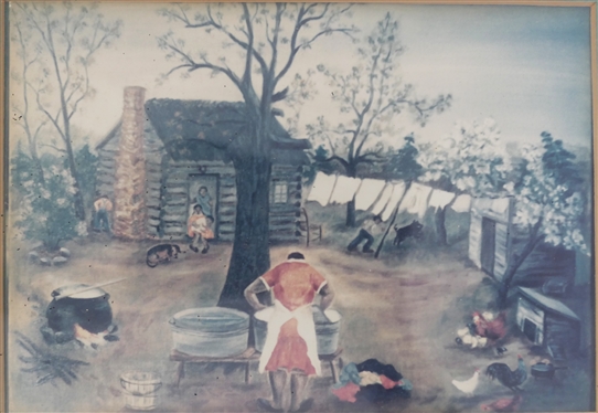 Black Americana Print  Mammy Doing Laundry - Framed and Double Matted - Frame Measures 9" by 10 3/4"