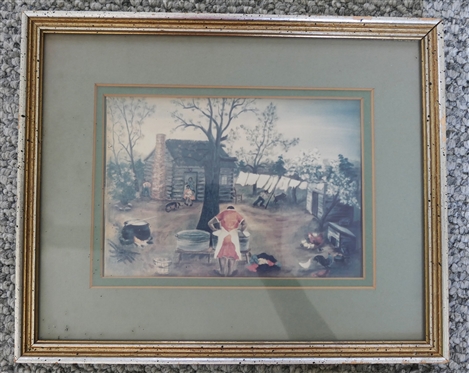 Black Americana Print '' Mammy Doing Laundry - Framed and Double Matted - Frame Measures 9 by 10 3/4