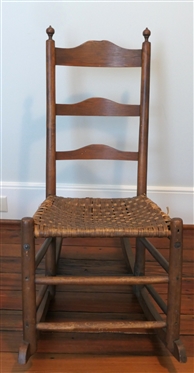 Primitive Ladder Back Rocking Chair - Hand Carved - Oak Splint Seta - Unusual Shop Made Strap Reinforcements to Back / Rockers - Chair Measures 36" Tall 