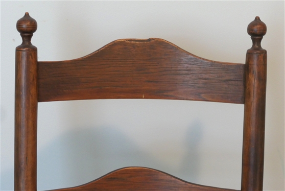 Primitive Ladder Back Rocking Chair - Hand Carved - Oak Splint Seta - Unusual Shop Made Strap Reinforcements to Back / Rockers - Chair Measures 36 Tall 