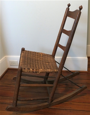 Primitive Ladder Back Rocking Chair - Hand Carved - Oak Splint Seta - Unusual Shop Made Strap Reinforcements to Back / Rockers - Chair Measures 36 Tall 