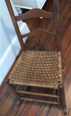 Primitive Ladder Back Rocking Chair - Hand Carved - Oak Splint Seta - Unusual Shop Made Strap Reinforcements to Back / Rockers - Chair Measures 36 Tall 