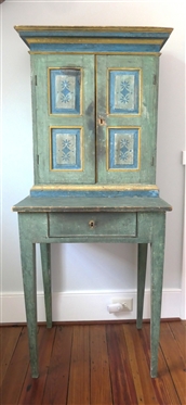19th Century Folk Art Painted Pantry Desk? Cupboard? Cabinet on Stand - 2 Door Raised Pannel Cupboard with Fixed Shelves Atop Tapered Leg Base with Dovetailed Drawer - Overall Measures 64" Tall 26...