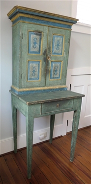 19th Century Folk Art Painted Pantry Desk? Cupboard? Cabinet on Stand - 2 Door Raised Pannel Cupboard with Fixed Shelves Atop Tapered Leg Base with Dovetailed Drawer - Overall Measures 64 Tall 26...