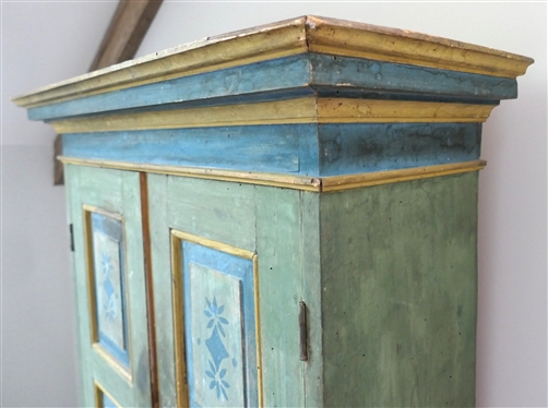 19th Century Folk Art Painted Pantry Desk? Cupboard? Cabinet on Stand - 2 Door Raised Pannel Cupboard with Fixed Shelves Atop Tapered Leg Base with Dovetailed Drawer - Overall Measures 64 Tall 26...
