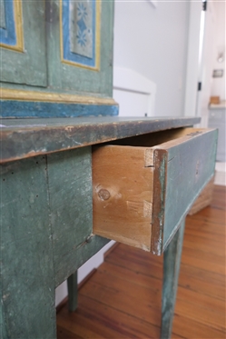 19th Century Folk Art Painted Pantry Desk? Cupboard? Cabinet on Stand - 2 Door Raised Pannel Cupboard with Fixed Shelves Atop Tapered Leg Base with Dovetailed Drawer - Overall Measures 64 Tall 26...
