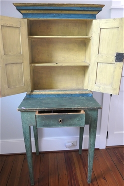 19th Century Folk Art Painted Pantry Desk? Cupboard? Cabinet on Stand - 2 Door Raised Pannel Cupboard with Fixed Shelves Atop Tapered Leg Base with Dovetailed Drawer - Overall Measures 64 Tall 26...