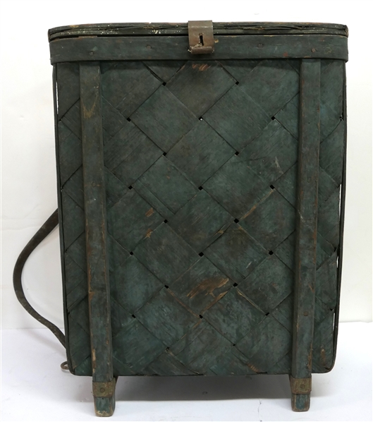 19th Century Cherry Pickers Basket - Green Painted with Leather Straps - Basket Measures 21" Tall 15 1/2" by 9" 