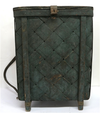 19th Century Cherry Pickers Basket - Green Painted with Leather Straps - Basket Measures 21" Tall 15 1/2" by 9" 