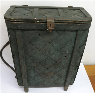 19th Century Cherry Pickers Basket - Green Painted with Leather Straps - Basket Measures 21 Tall 15 1/2 by 9 