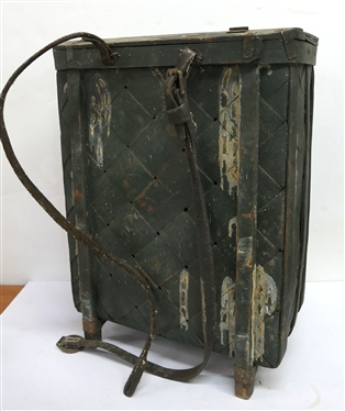 19th Century Cherry Pickers Basket - Green Painted with Leather Straps - Basket Measures 21 Tall 15 1/2 by 9 