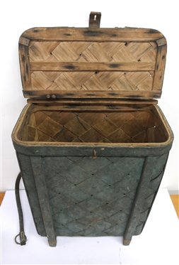 19th Century Cherry Pickers Basket - Green Painted with Leather Straps - Basket Measures 21 Tall 15 1/2 by 9 