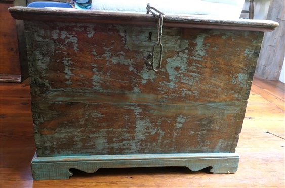19th Century Primitive Blue Painted Box / Chest - Dovetailed Case - Divider Inside with Hidden Compartment -Blacksmith Shop Made Rattail Hinges - Box Measures 19" Tall 27" By 18 1/2" 