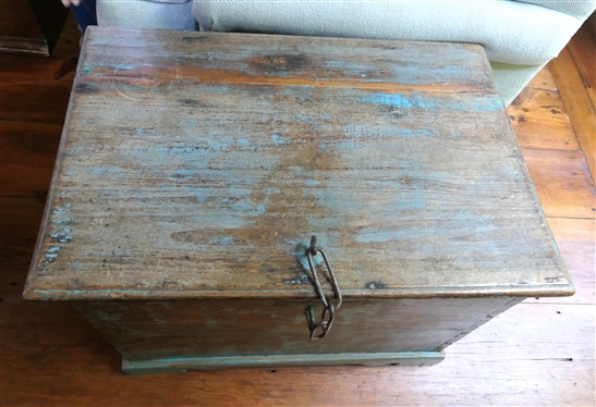 19th Century Primitive Blue Painted Box / Chest - Dovetailed Case - Divider Inside with Hidden Compartment -Blacksmith Shop Made Rattail Hinges - Box Measures 19 Tall 27 By 18 1/2 