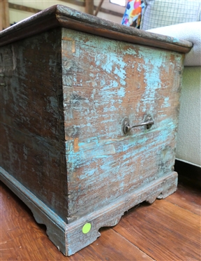 19th Century Primitive Blue Painted Box / Chest - Dovetailed Case - Divider Inside with Hidden Compartment -Blacksmith Shop Made Rattail Hinges - Box Measures 19 Tall 27 By 18 1/2 