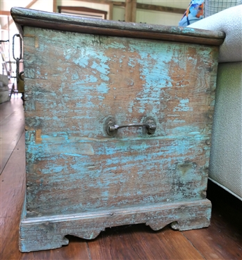 19th Century Primitive Blue Painted Box / Chest - Dovetailed Case - Divider Inside with Hidden Compartment -Blacksmith Shop Made Rattail Hinges - Box Measures 19 Tall 27 By 18 1/2 