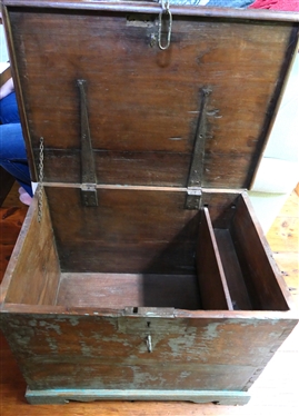 19th Century Primitive Blue Painted Box / Chest - Dovetailed Case - Divider Inside with Hidden Compartment -Blacksmith Shop Made Rattail Hinges - Box Measures 19 Tall 27 By 18 1/2 