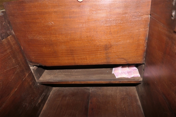 19th Century Primitive Blue Painted Box / Chest - Dovetailed Case - Divider Inside with Hidden Compartment -Blacksmith Shop Made Rattail Hinges - Box Measures 19 Tall 27 By 18 1/2 